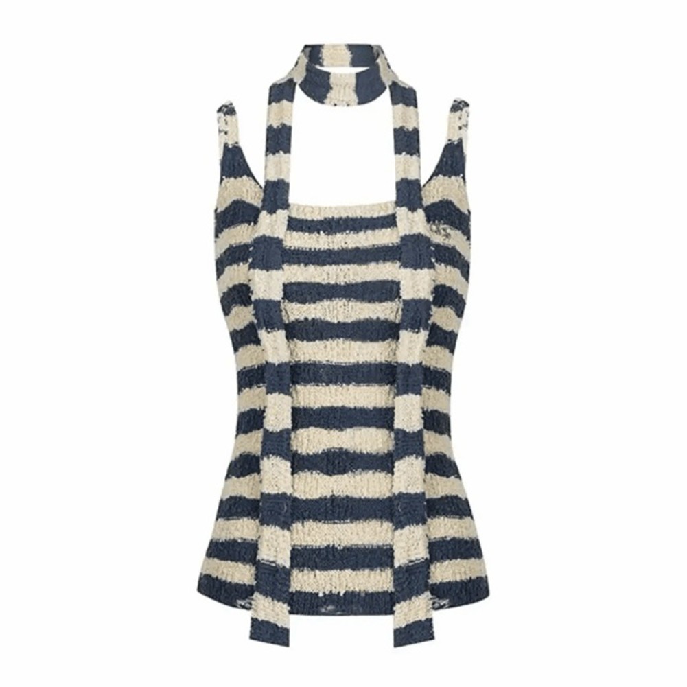 Sleeveless Womens Personality Top in Stripe Design with Matching Scarf - Picture 17 of 21