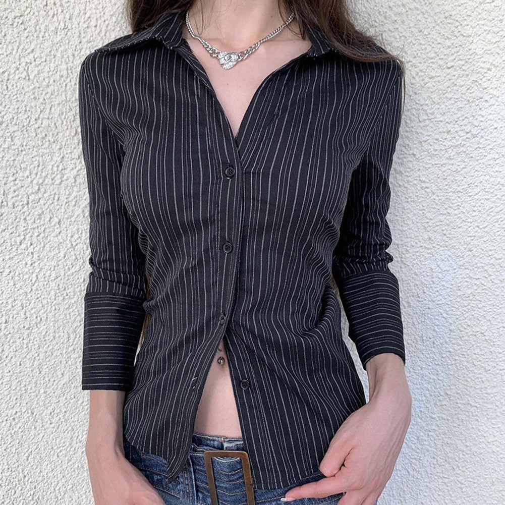 Womens Fashionable Long Sleeve Shirt with Retro Stripes for Daily Wear - Picture 9 of 14