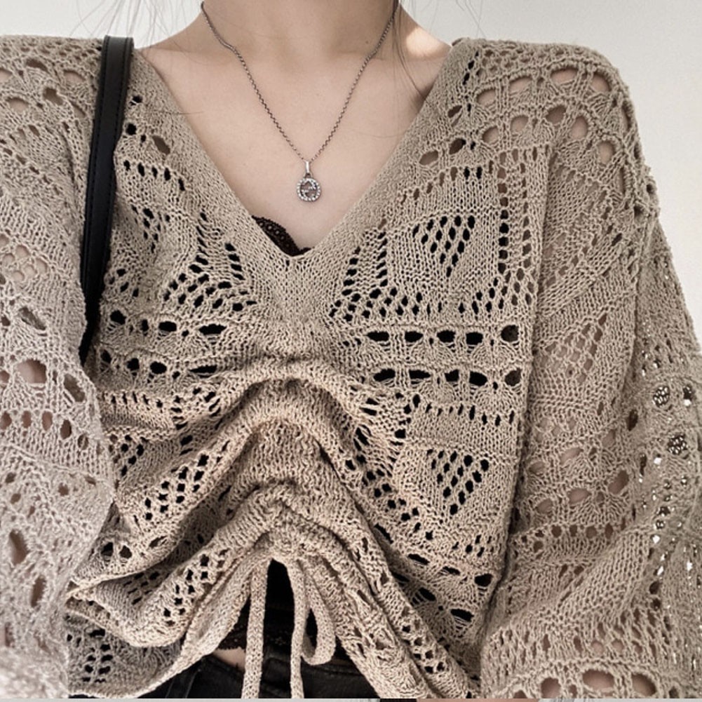 Lively and Light Women's Crocheted Long Sleeve Top with Unique Features officiel