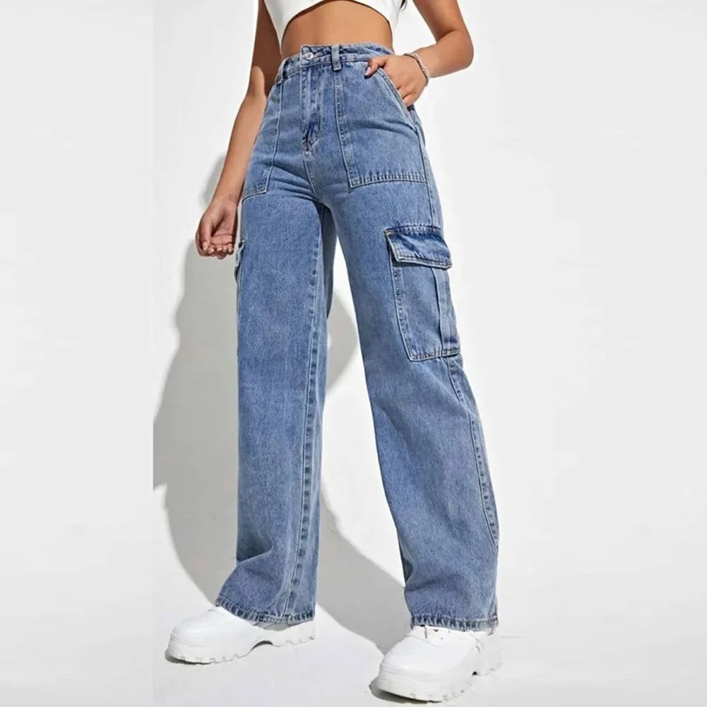 Blue High Waist Casual Wide Leg Jeans with Multi Pocket Design for Women