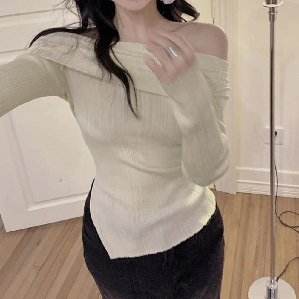 Womens Black Slit Off Shoulder Knit Pullover Top Perfect for Vacations - Picture 20 of 31