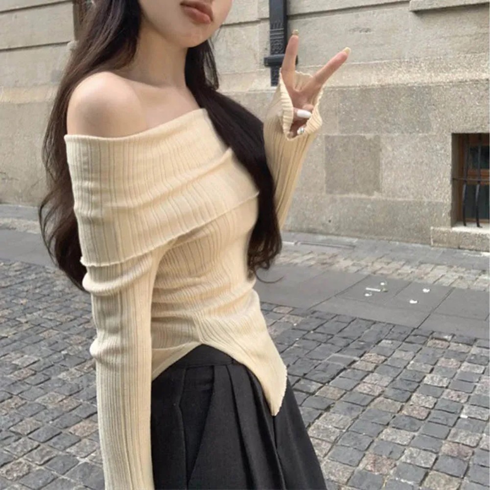 Womens Black Slit Off Shoulder Knit Pullover Top Perfect for Vacations - Picture 21 of 31