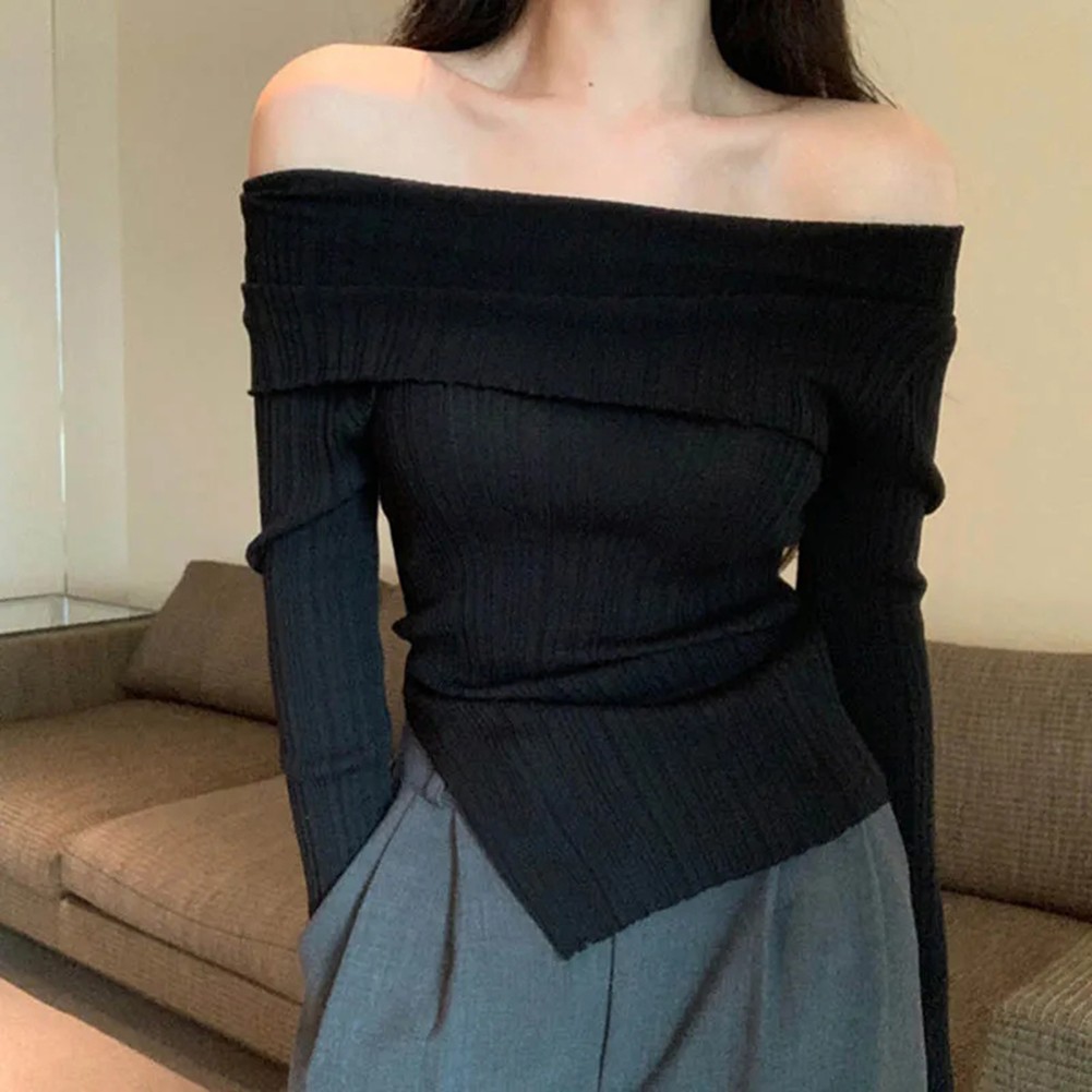 Womens Black Slit Off Shoulder Knit Pullover Top Perfect for Vacations - Picture 28 of 31