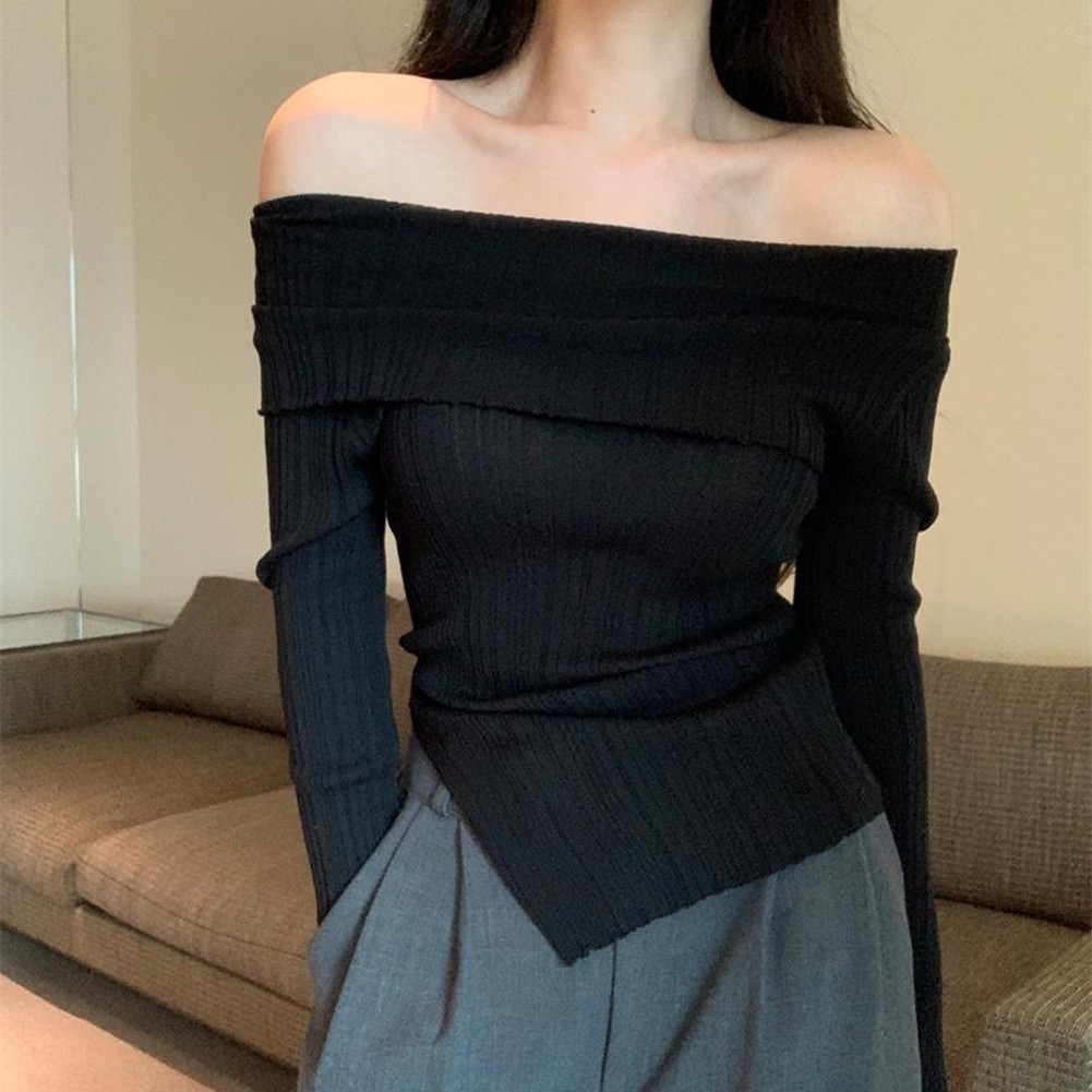 Womens Black Slit Off Shoulder Knit Pullover Top Perfect for Vacations - Picture 23 of 31