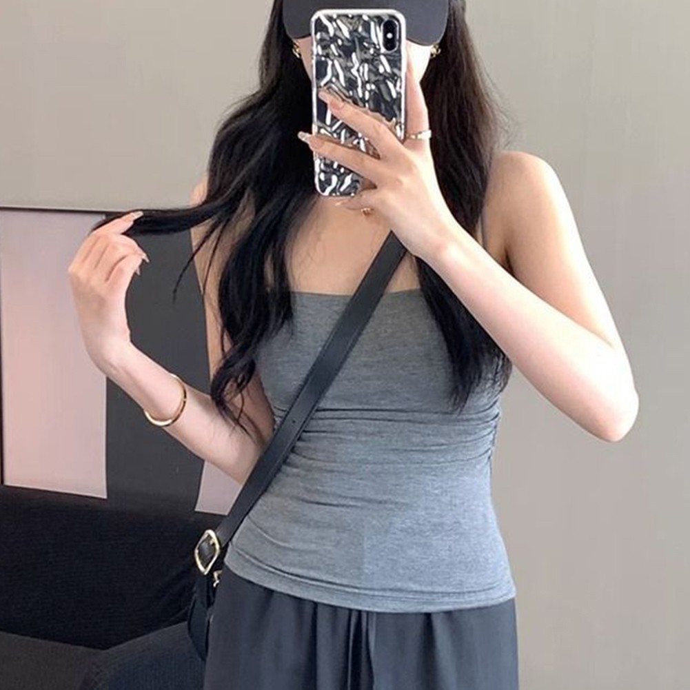 Womens Sleeveless Pleated Vest with Spaghetti Straps for Spring and Summer - Picture 31 of 32