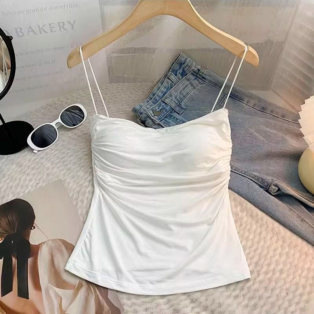 Womens Sleeveless Pleated Vest with Spaghetti Straps for Spring and Summer - Picture 16 of 32
