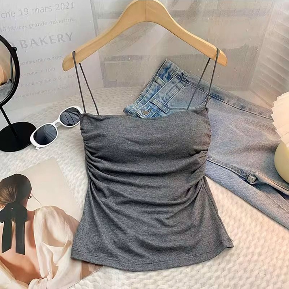 Womens Sleeveless Pleated Vest with Spaghetti Straps for Spring and Summer - Picture 27 of 32