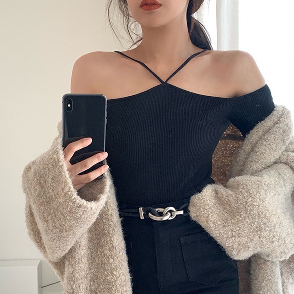 Stylish Casual Sweater for Women Featuring Spaghetti Straps and Long Sleeves - Picture 15 of 16