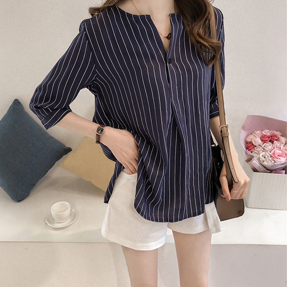 Womens Stylish Stripes Top Casual Wear with Loose Three Quarter Sleeves - Picture 14 of 36
