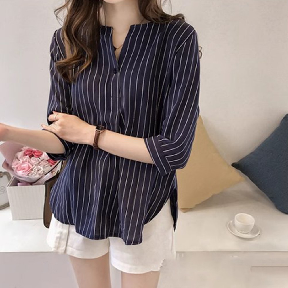 Womens Stylish Stripes Top Casual Wear with Loose Three Quarter Sleeves - Picture 15 of 36