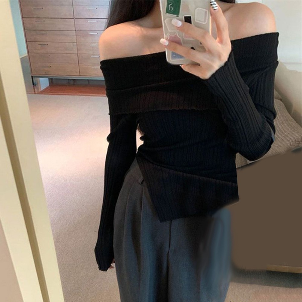 Womens Black Slit Off Shoulder Knit Pullover Top Perfect for Vacations - Picture 27 of 31