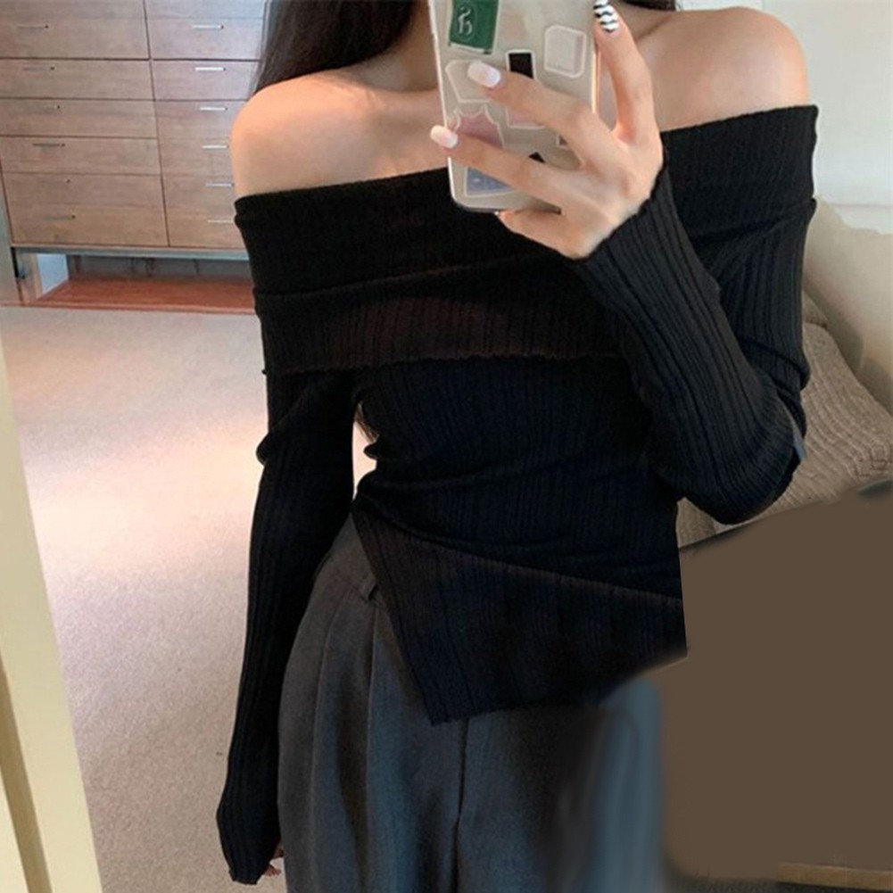 Womens Black Slit Off Shoulder Knit Pullover Top Perfect for Vacations - Picture 24 of 31