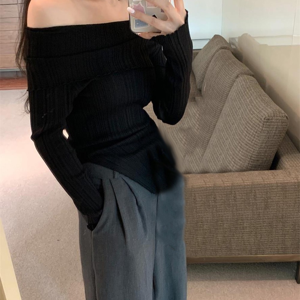 Womens Black Slit Off Shoulder Knit Pullover Top Perfect for Vacations - Picture 26 of 31
