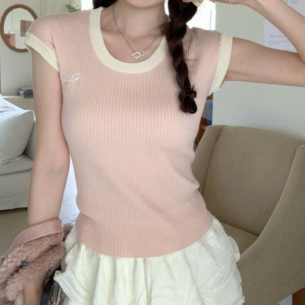 Womens Embroidered Bow Knitted Top with High Stretch Fabric for Comfort - Picture 23 of 35