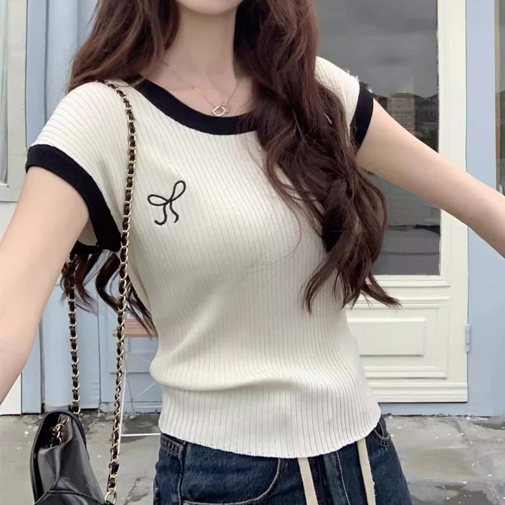 Womens Embroidered Bow Knitted Top with High Stretch Fabric for Comfort - Picture 19 of 35