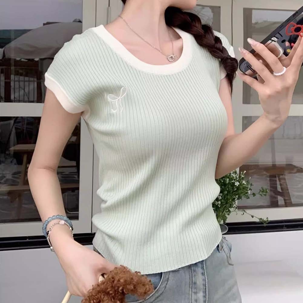 Womens Embroidered Bow Knitted Top with High Stretch Fabric for Comfort - Picture 34 of 35