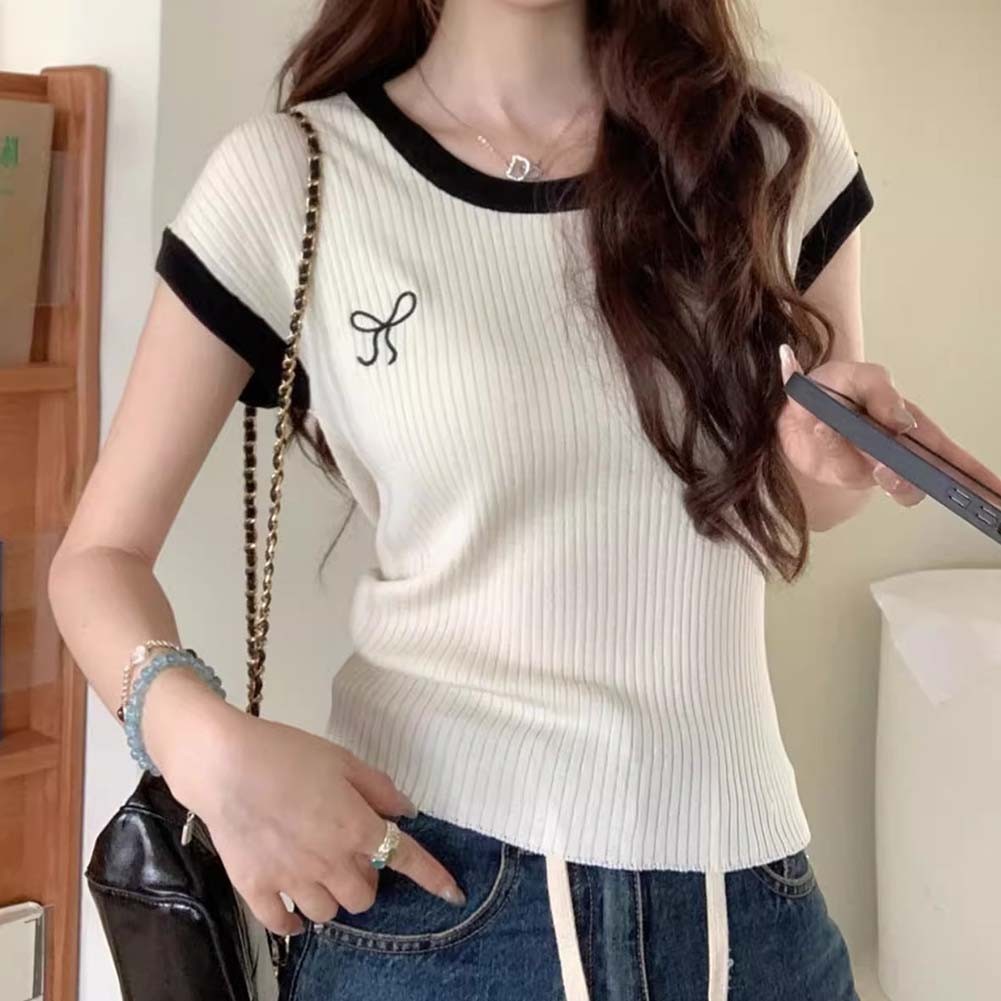 Womens Embroidered Bow Knitted Top with High Stretch Fabric for Comfort - Picture 21 of 35