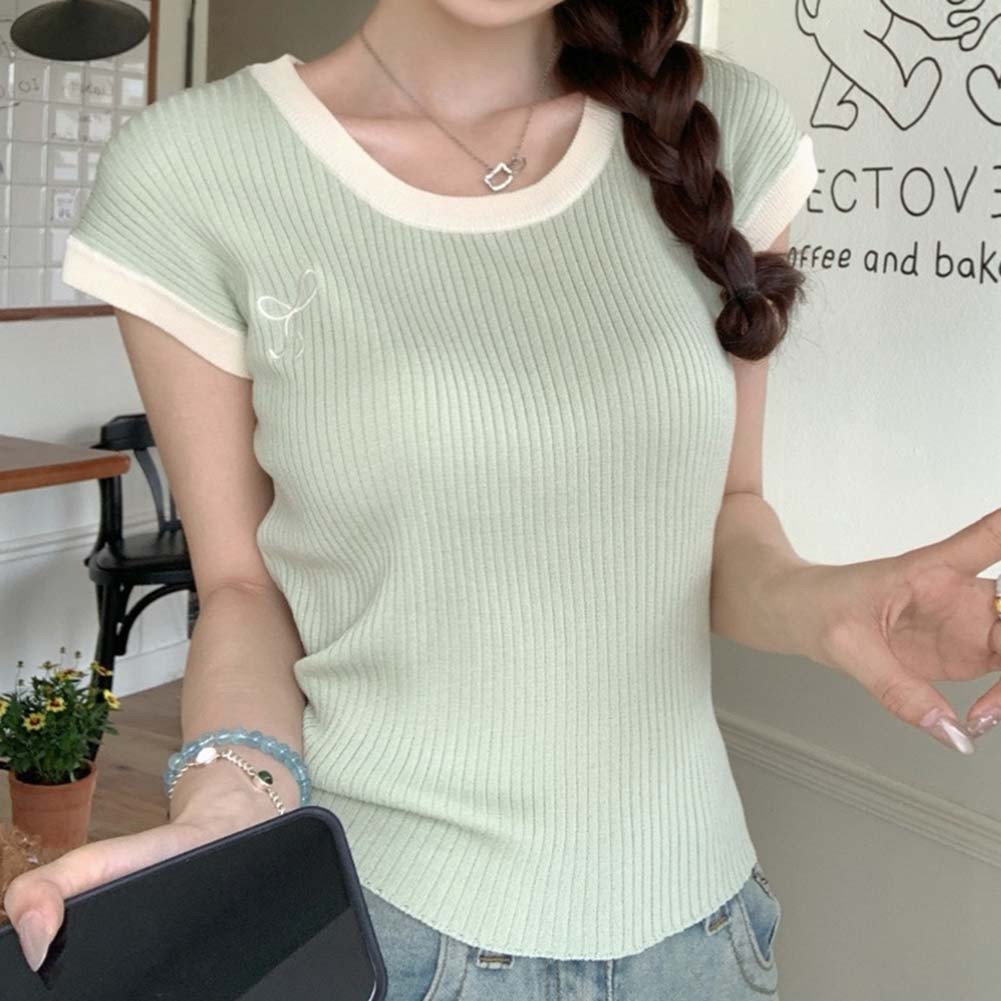 Womens Embroidered Bow Knitted Top with High Stretch Fabric for Comfort - Picture 35 of 35
