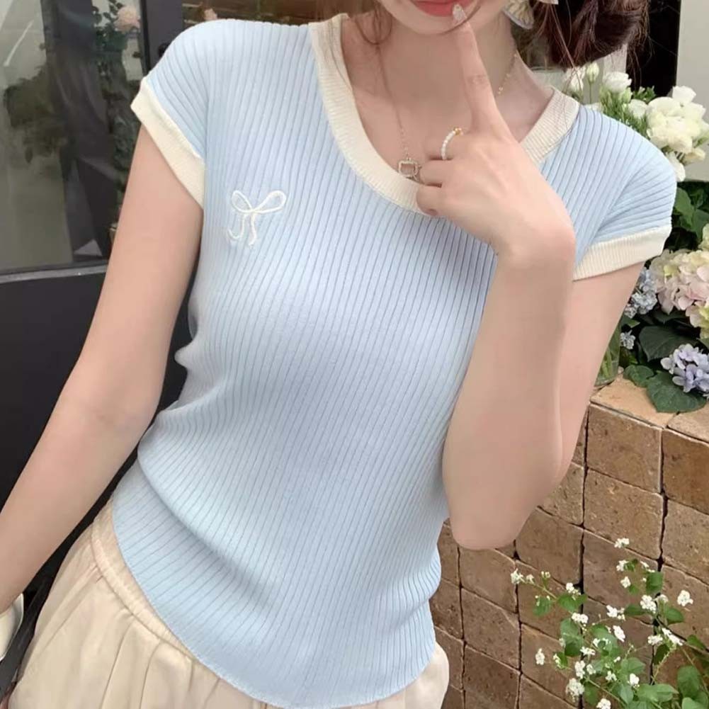 Womens Embroidered Bow Knitted Top with High Stretch Fabric for Comfort - Picture 28 of 35