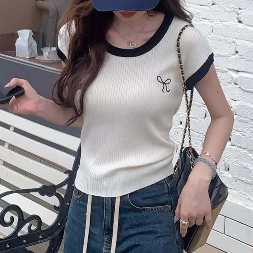 Womens Embroidered Bow Knitted Top with High Stretch Fabric for Comfort - Picture 14 of 35