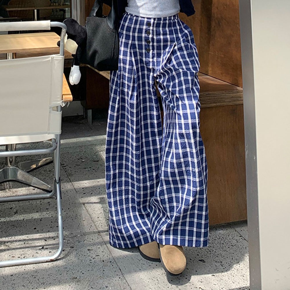 Relaxed Fit Damen Hose blau Retro kariert mit weiten Beinen für alle Jahreszeit - Bild 16 von 60