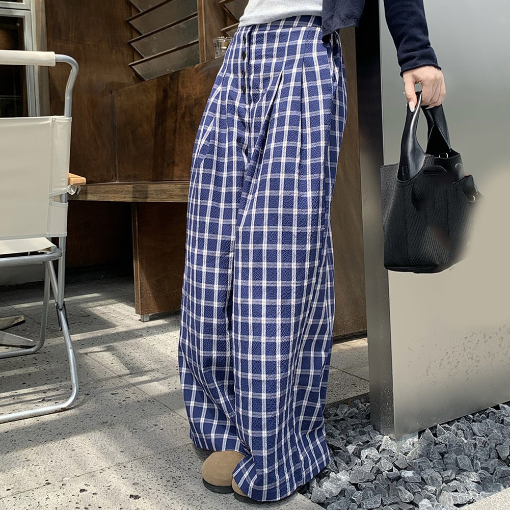 Relaxed Fit Damen Hose blau Retro kariert mit weiten Beinen für alle Jahreszeit - Bild 18 von 60
