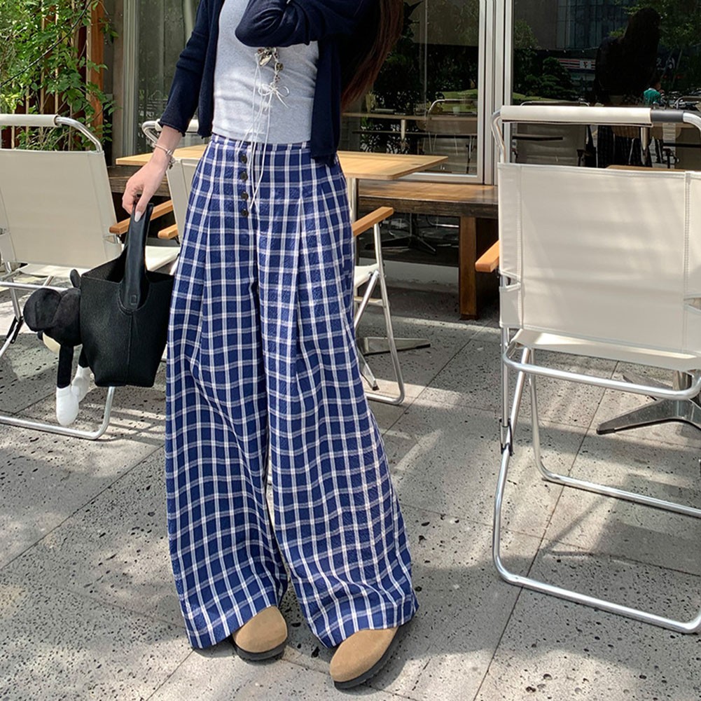 Relaxed Fit Damen Hose blau Retro kariert mit weiten Beinen für alle Jahreszeit - Bild 20 von 60