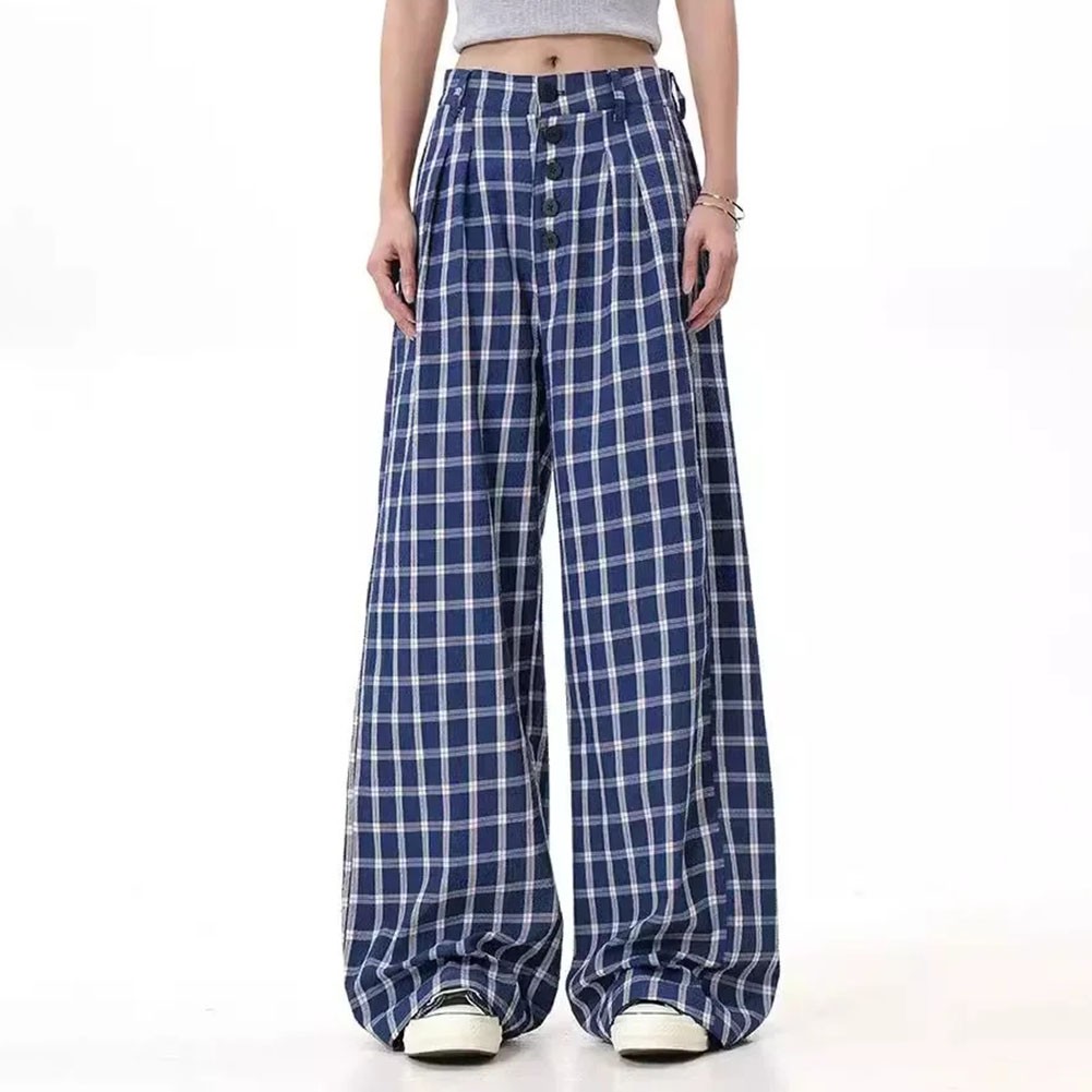 Relaxed Fit Damen Hose blau Retro kariert mit weiten Beinen für alle Jahreszeit - Bild 34 von 60