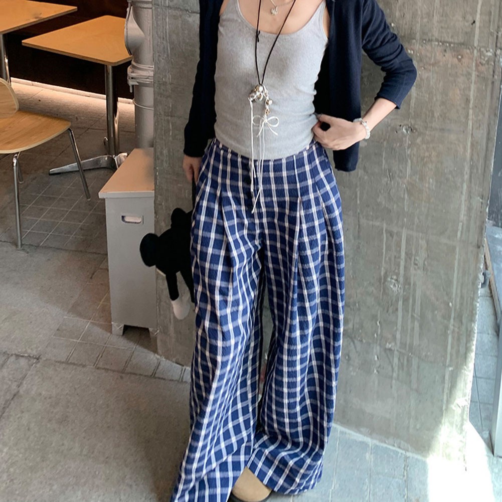 Relaxed Fit Damen Hose blau Retro kariert mit weiten Beinen für alle Jahreszeit - Bild 28 von 60