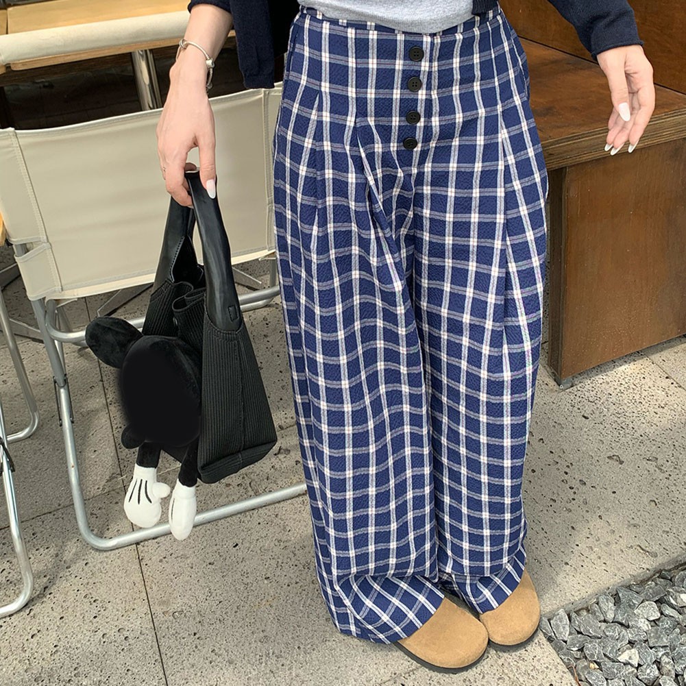 Relaxed Fit Damen Hose blau Retro kariert mit weiten Beinen für alle Jahreszeit - Bild 46 von 60