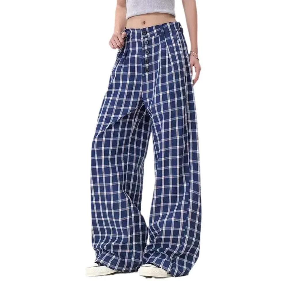 Relaxed Fit Damen Hose blau Retro kariert mit weiten Beinen für alle Jahreszeit - Bild 21 von 60