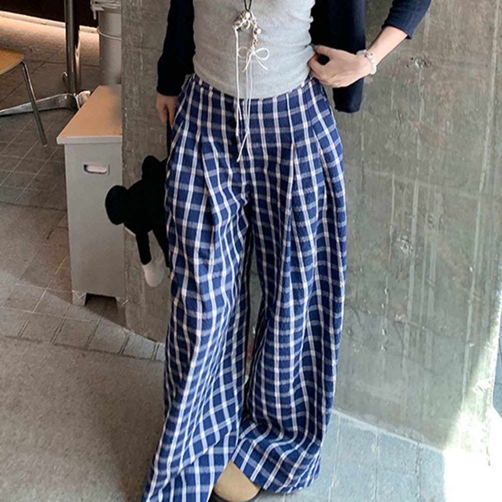 Relaxed Fit Damen Hose blau Retro kariert mit weiten Beinen für alle Jahreszeit - Bild 23 von 60