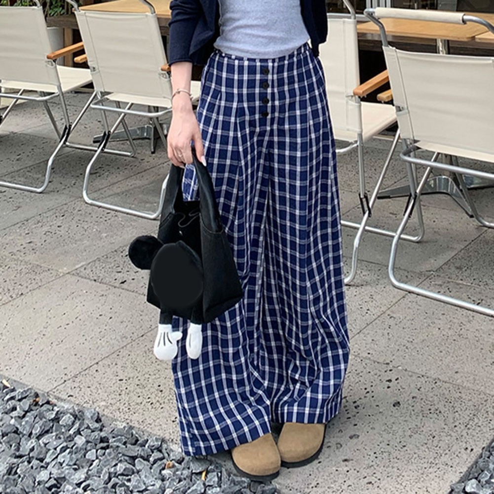 Relaxed Fit Damen Hose blau Retro kariert mit weiten Beinen für alle Jahreszeit - Bild 15 von 60