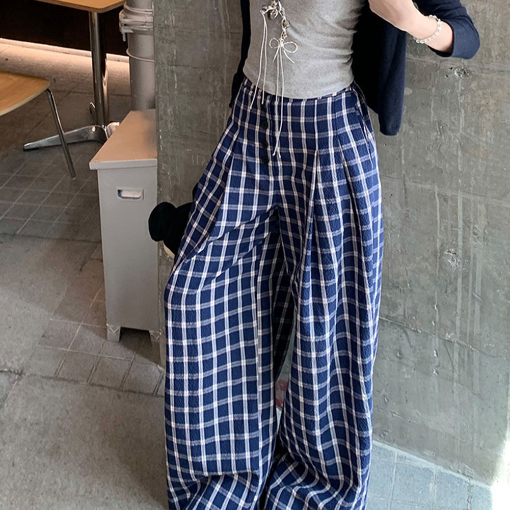 Relaxed Fit Damen Hose blau Retro kariert mit weiten Beinen für alle Jahreszeit - Bild 24 von 60
