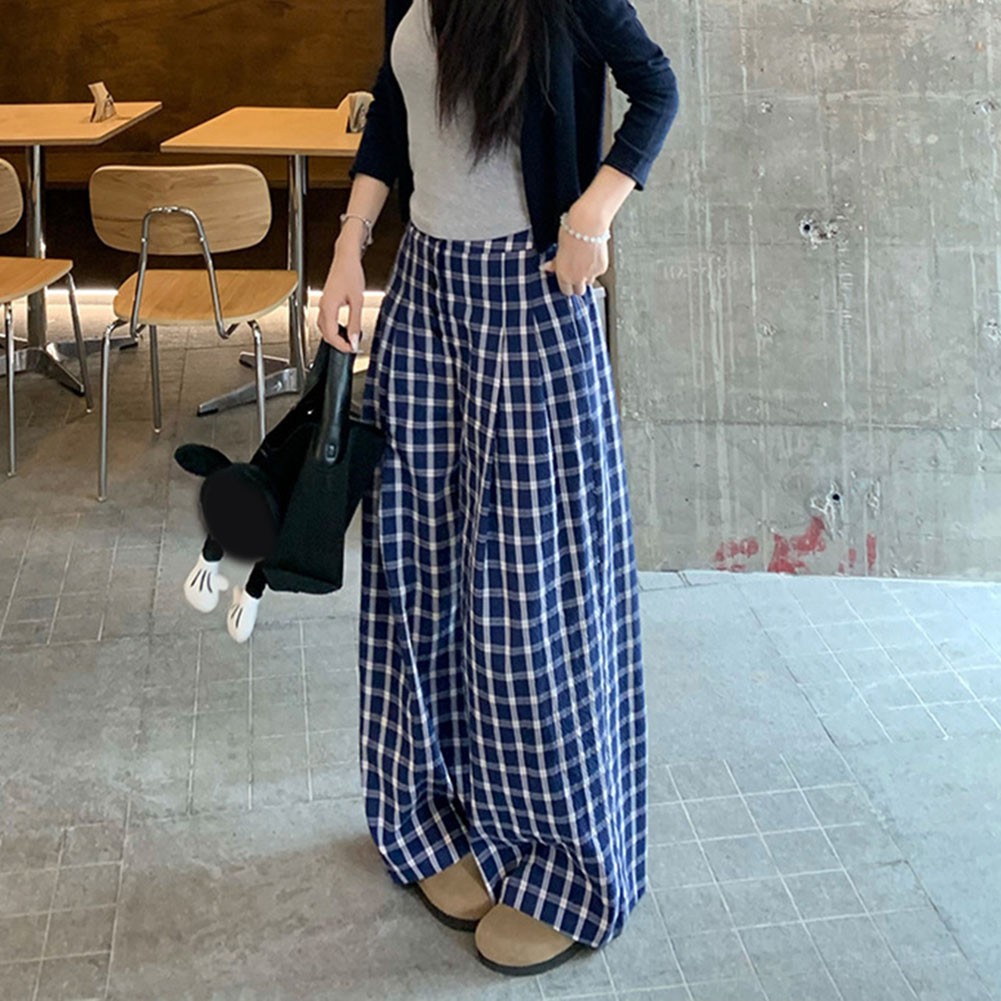Relaxed Fit Damen Hose blau Retro kariert mit weiten Beinen für alle Jahreszeit - Bild 22 von 60