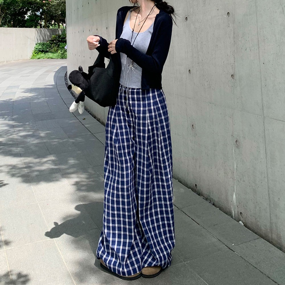 Relaxed Fit Damen Hose blau Retro kariert mit weiten Beinen für alle Jahreszeit - Bild 50 von 60