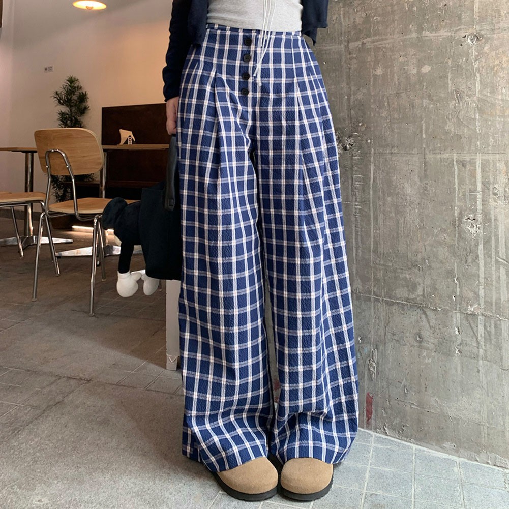 Relaxed Fit Damen Hose blau Retro kariert mit weiten Beinen für alle Jahreszeit - Bild 29 von 60