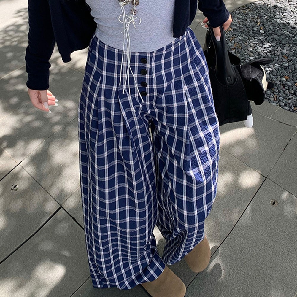 Relaxed Fit Damen Hose blau Retro kariert mit weiten Beinen für alle Jahreszeit - Bild 35 von 60