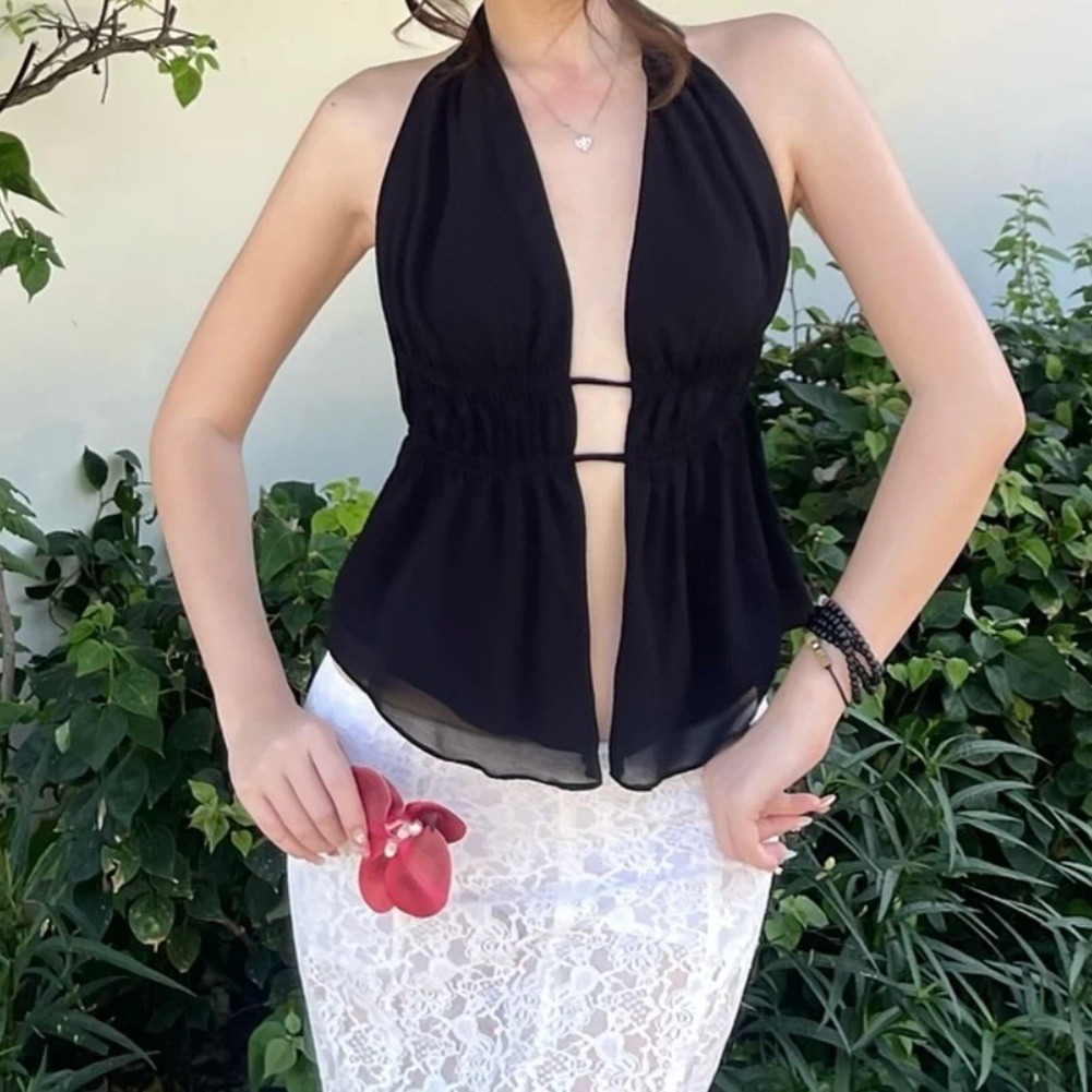 Glamorous Backless Y2K Style Top Featuring Lightweight Mesh Fabrication - Picture 15 of 48