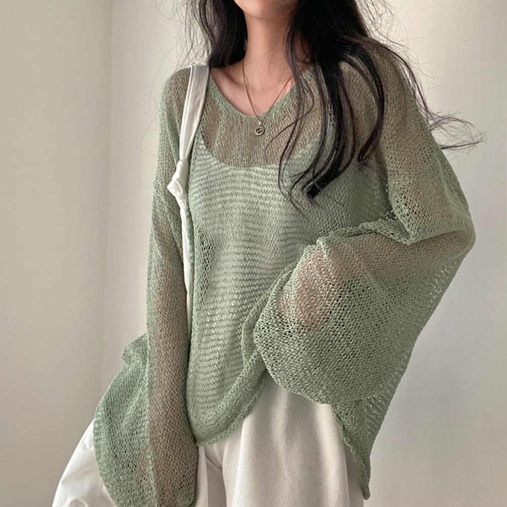 Lightweight Hollow Knit Sun Protection Top for Women Spring Summer Wear - Picture 16 of 17