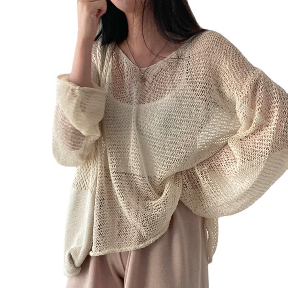 Lightweight Hollow Knit Sun Protection Top for Women Spring Summer Wear - Picture 13 of 17