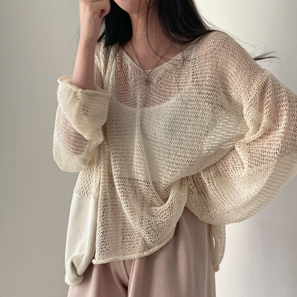 Lightweight Hollow Knit Sun Protection Top for Women Spring Summer Wear - Picture 14 of 17
