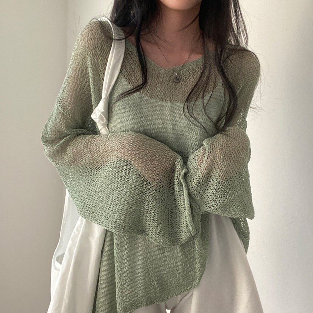 Lightweight Hollow Knit Sun Protection Top for Women Spring Summer Wear - Picture 17 of 17