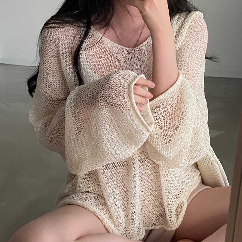 Lightweight Hollow Knit Sun Protection Top for Women Spring Summer Wear - Picture 15 of 17
