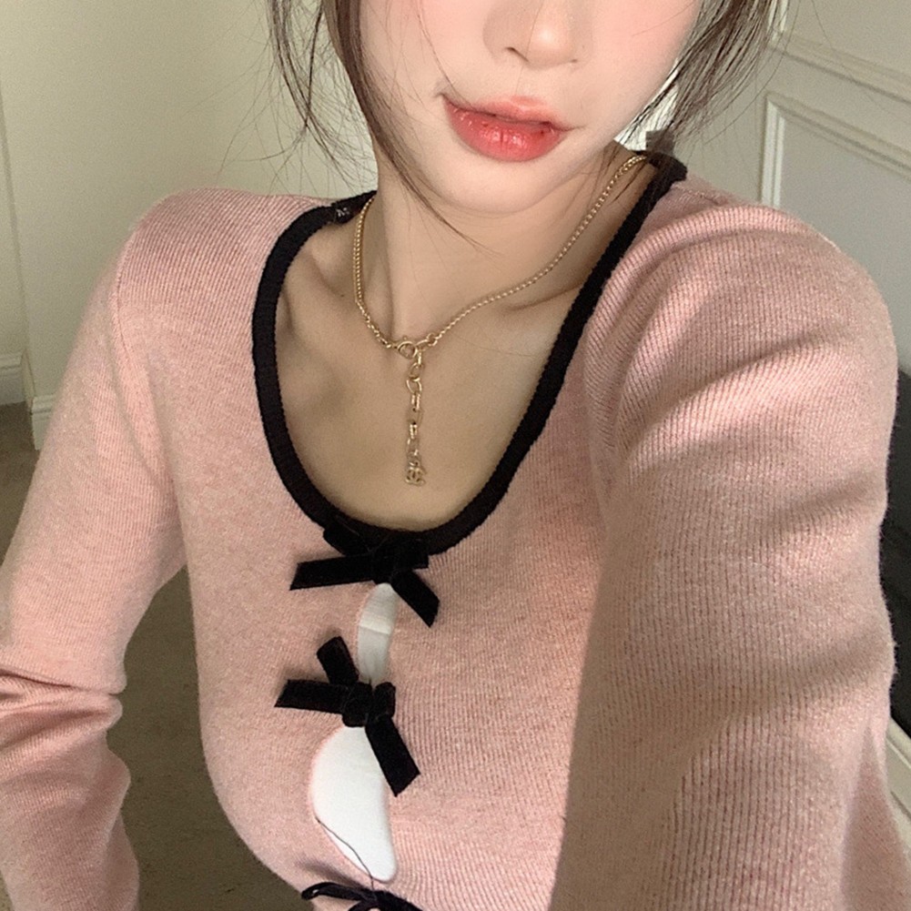 Casual Hollow Bow Sweater for Women with Long Sleeves and Slim Fit Design - Picture 15 of 22