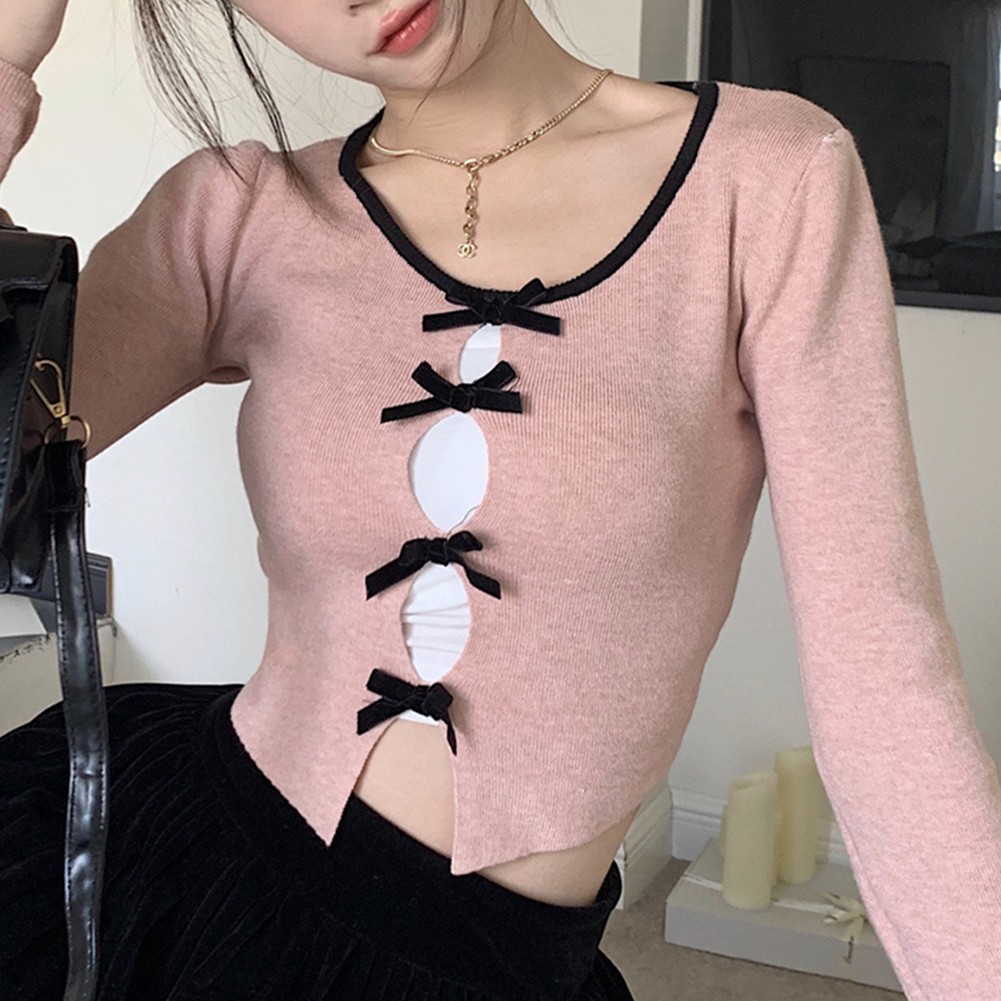 Casual Hollow Bow Sweater for Women with Long Sleeves and Slim Fit Design - Picture 17 of 22
