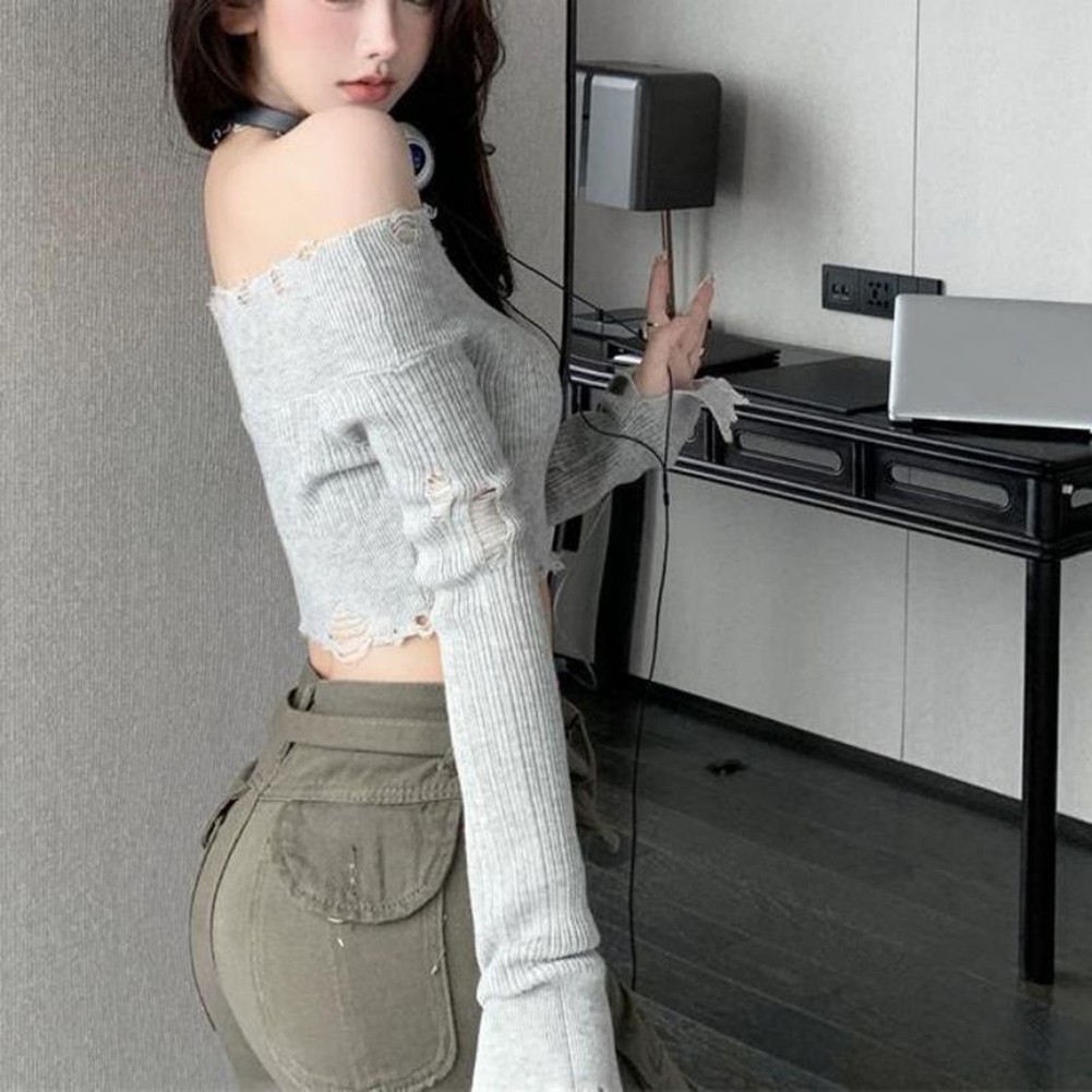Fashion Forward Ripped Off Shoulder Casual Sweatshirt Style for Ladies - Picture 14 of 25