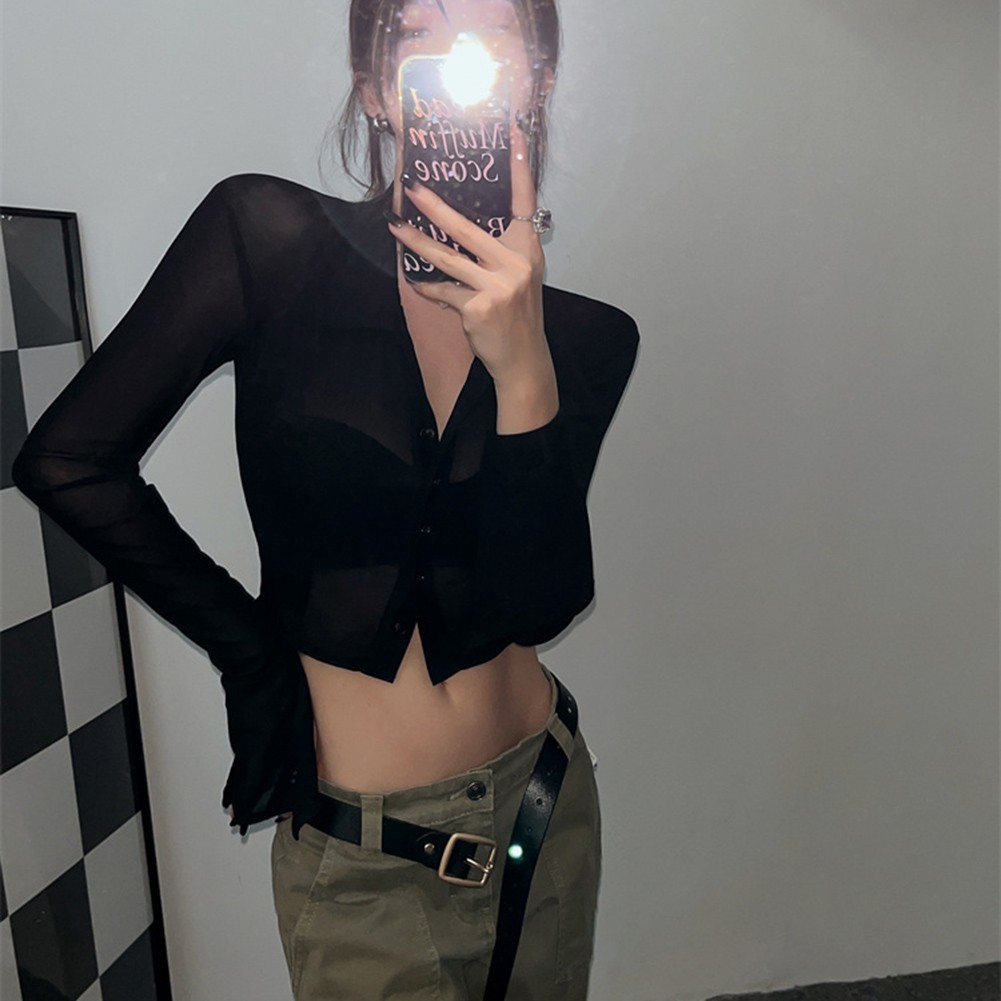 Casual V Neck Long Sleeve Crop Top Women's Retro Mesh Shirt for Fall Season - Picture 20 of 20