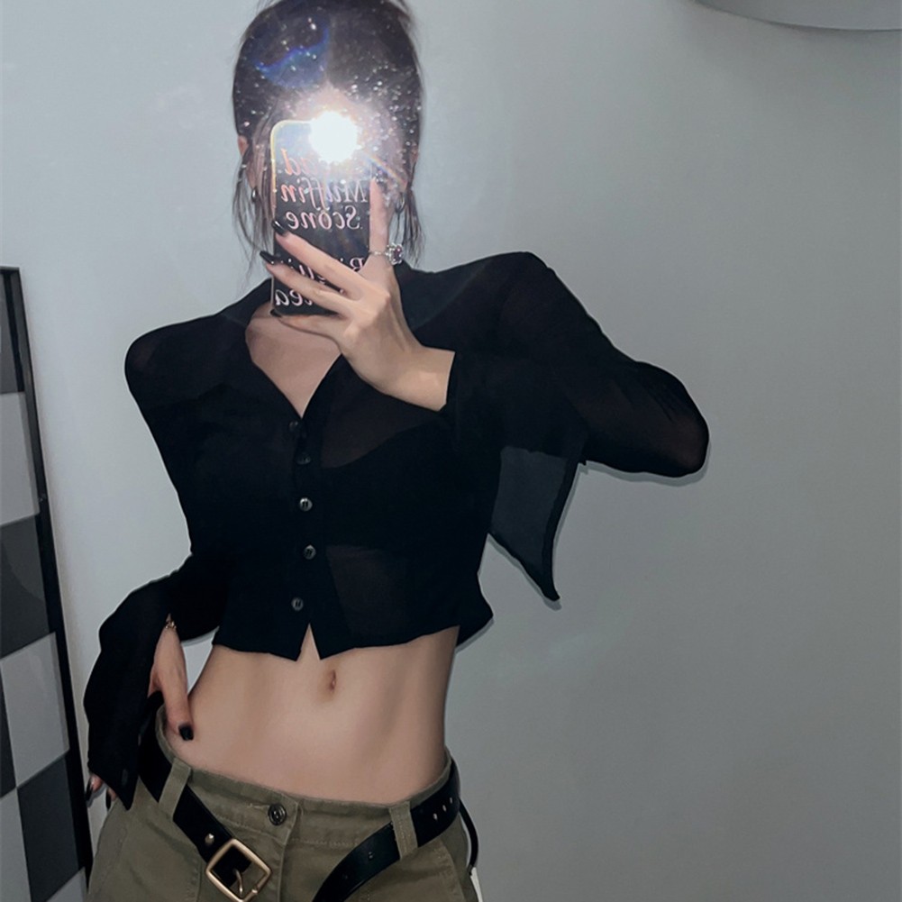 Casual V Neck Long Sleeve Crop Top Women's Retro Mesh Shirt for Fall Season - Picture 19 of 20