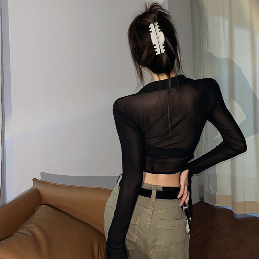 Casual V Neck Long Sleeve Crop Top Women's Retro Mesh Shirt for Fall Season - Picture 18 of 20